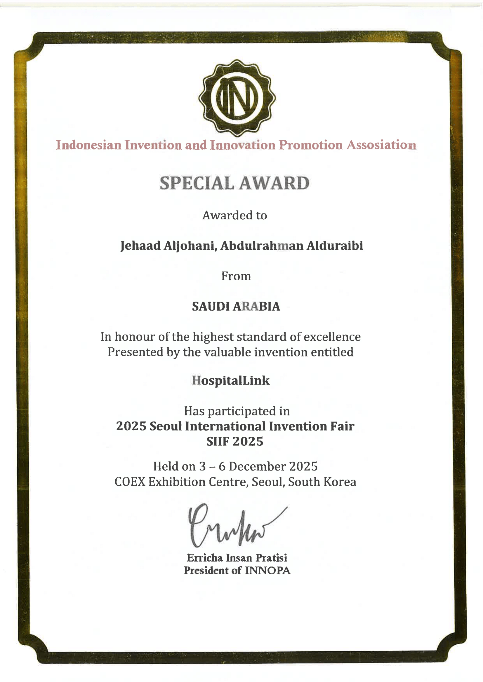 Certificate of Winning a Special Award by the Indonesian Invention and Innovation Promotion Association (INNOPA) at Seoul International Invention Fair (SIIF)