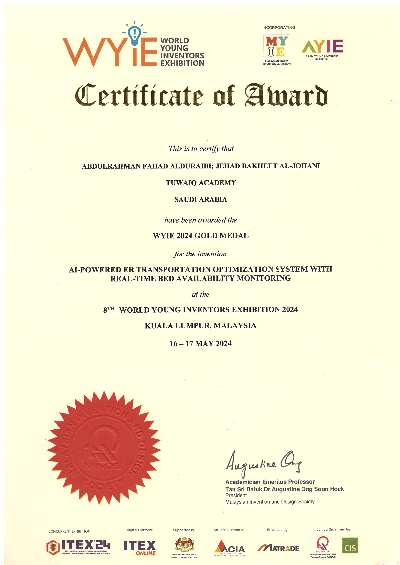 Certificate of Winning at International Invention, Innovation & Technology Exhibition (ITEX)